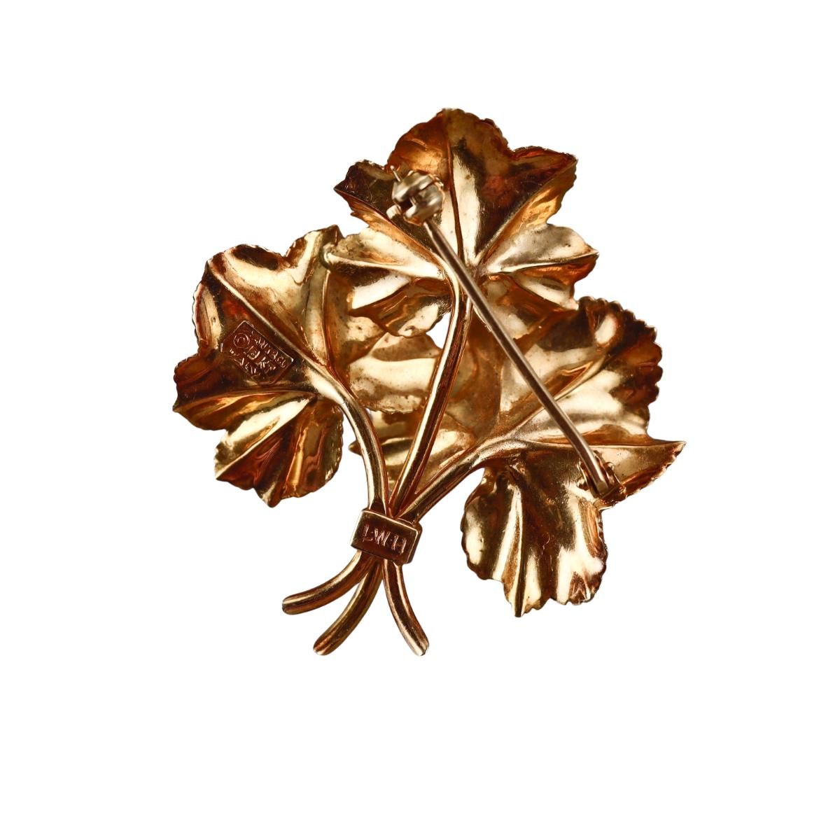 Vintage Tiffany & Co 18k Gold Ruby Leaf Brooch Pin