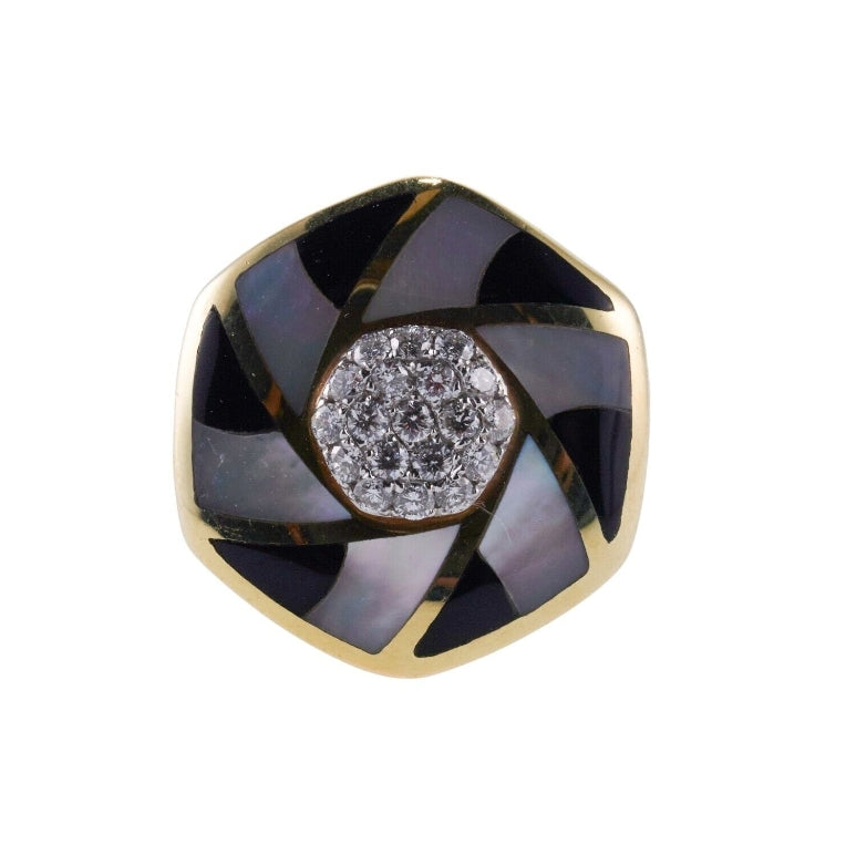 Asch Grossbardt  Inlay Mother of Pearl Onyx Diamond Gold Ring