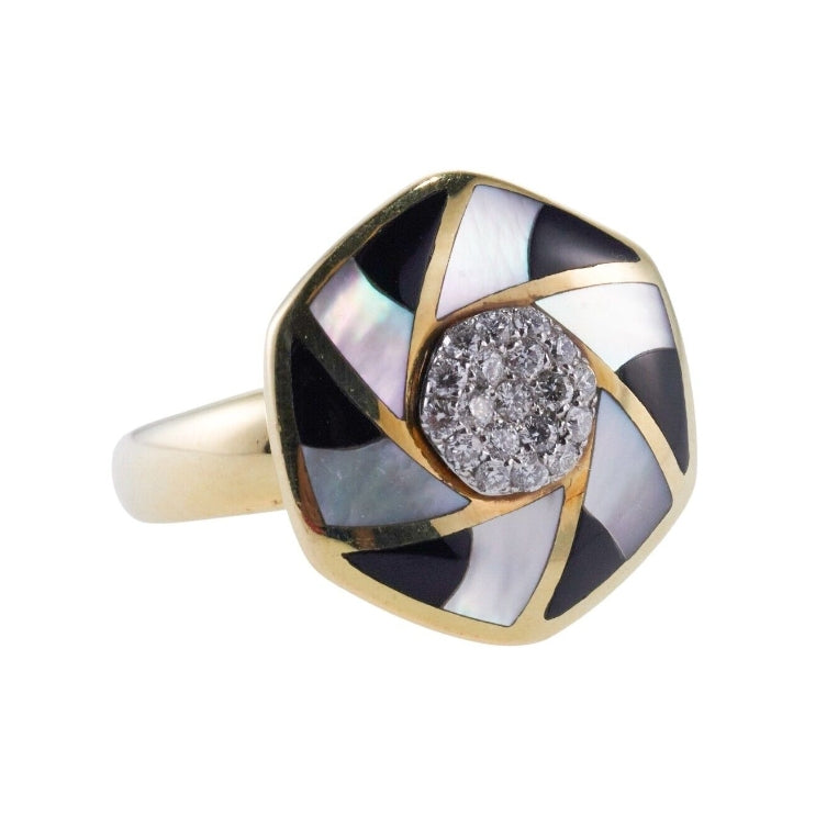 Asch Grossbardt  Inlay Mother of Pearl Onyx Diamond Gold Ring