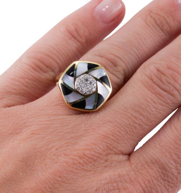 Asch Grossbardt  Inlay Mother of Pearl Onyx Diamond Gold Ring