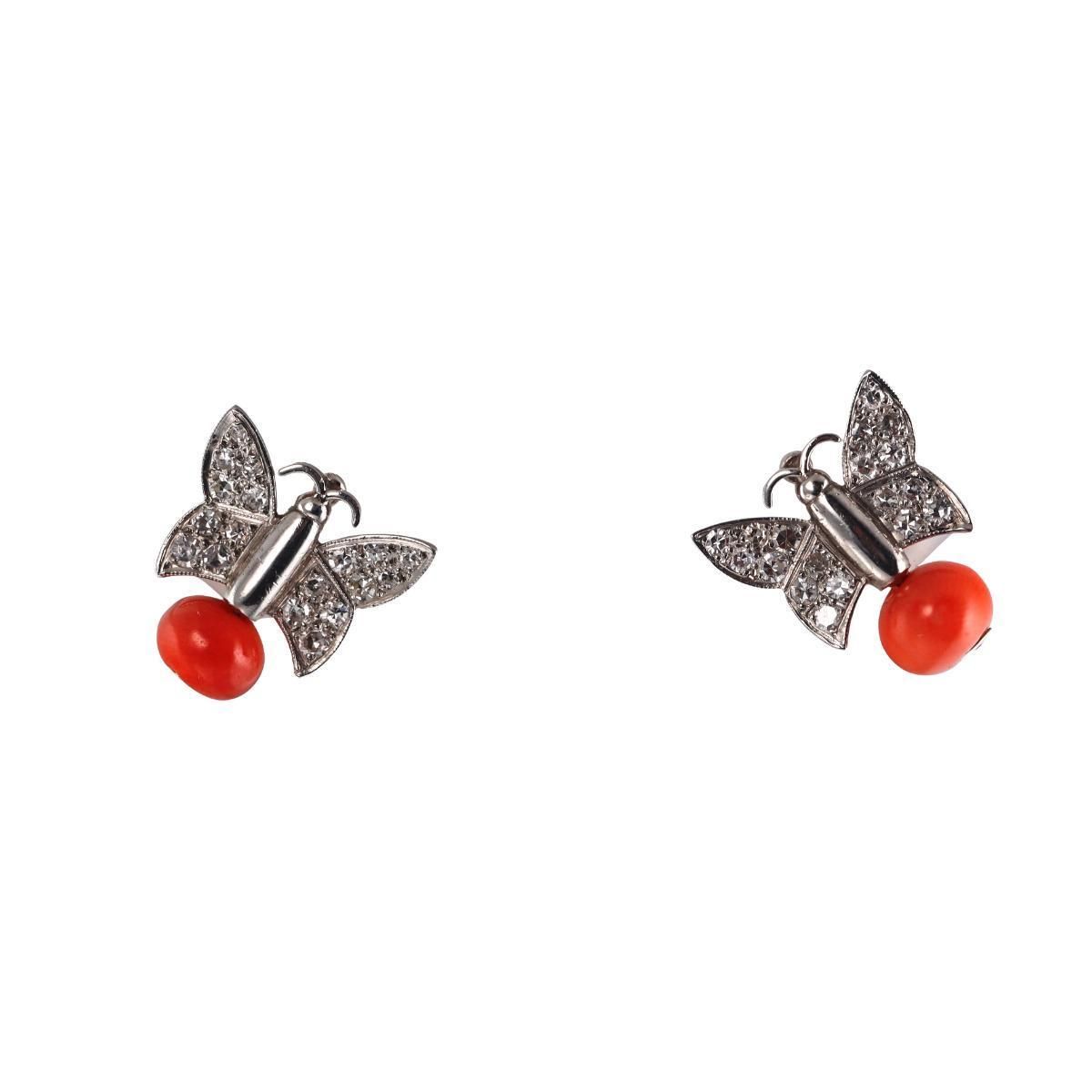 Vintage Retro Platinum 18k Gold Diamond Coral Butterfly Earrings
