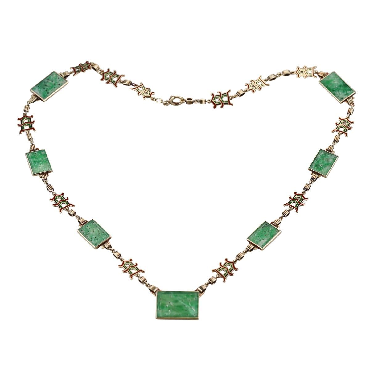 Art Deco 14k Gold Enamel Carved Jade Necklace