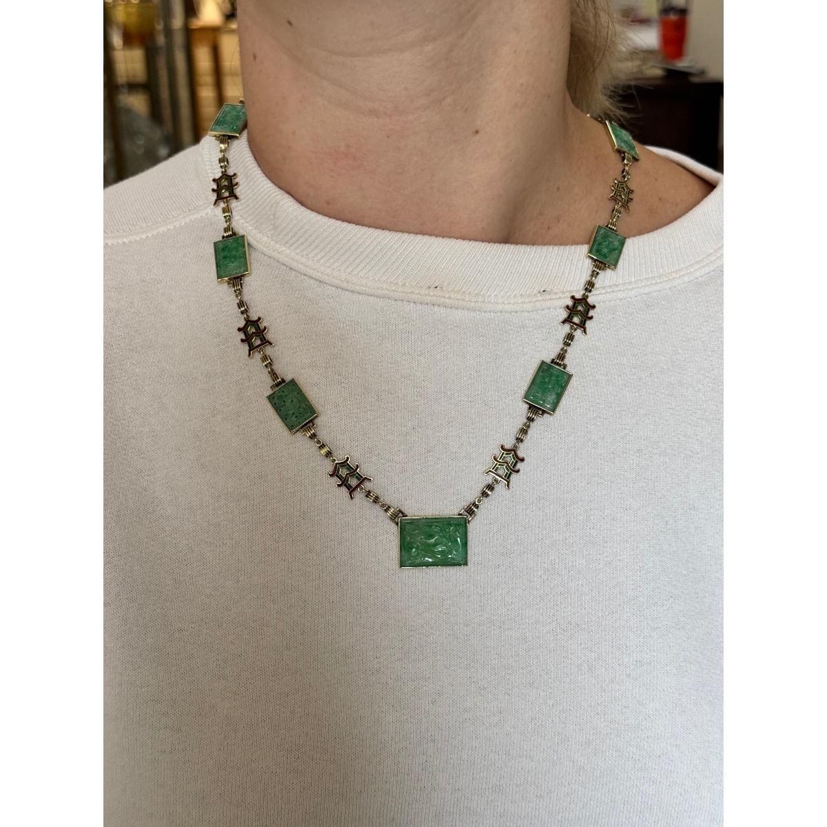 Art Deco 14k Gold Enamel Carved Jade Necklace