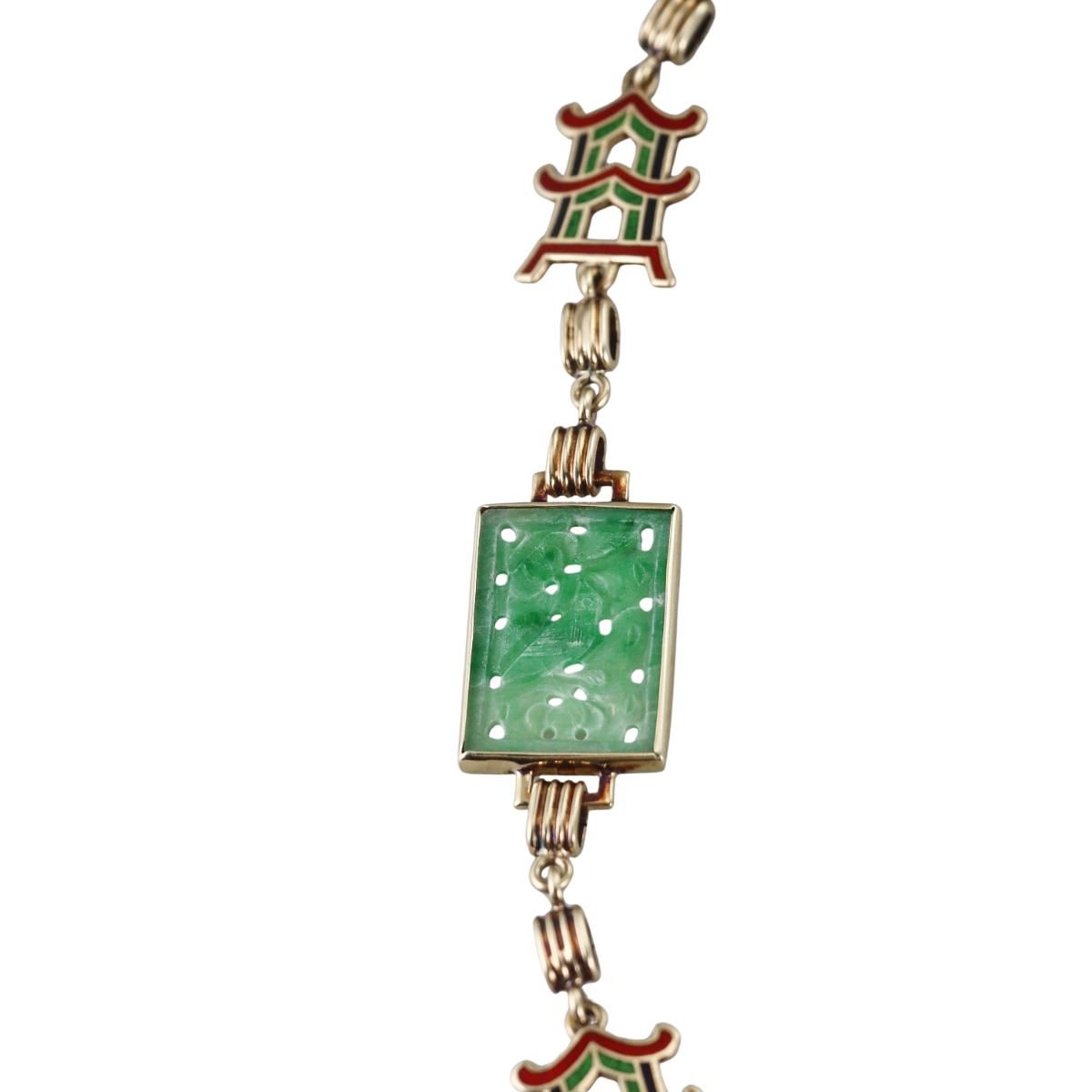 Art Deco 14k Gold Enamel Carved Jade Necklace