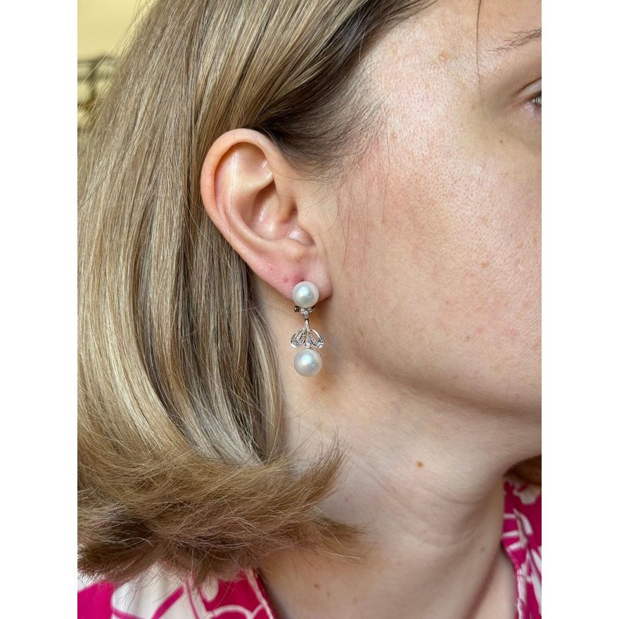 Vintage 18k Gold Diamond Pearl Drop Earrings