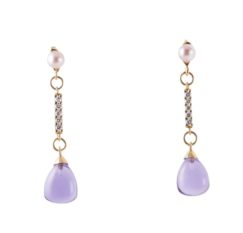 Mimi Milano Pearl Diamond Amethyst Gold Drop Earrings