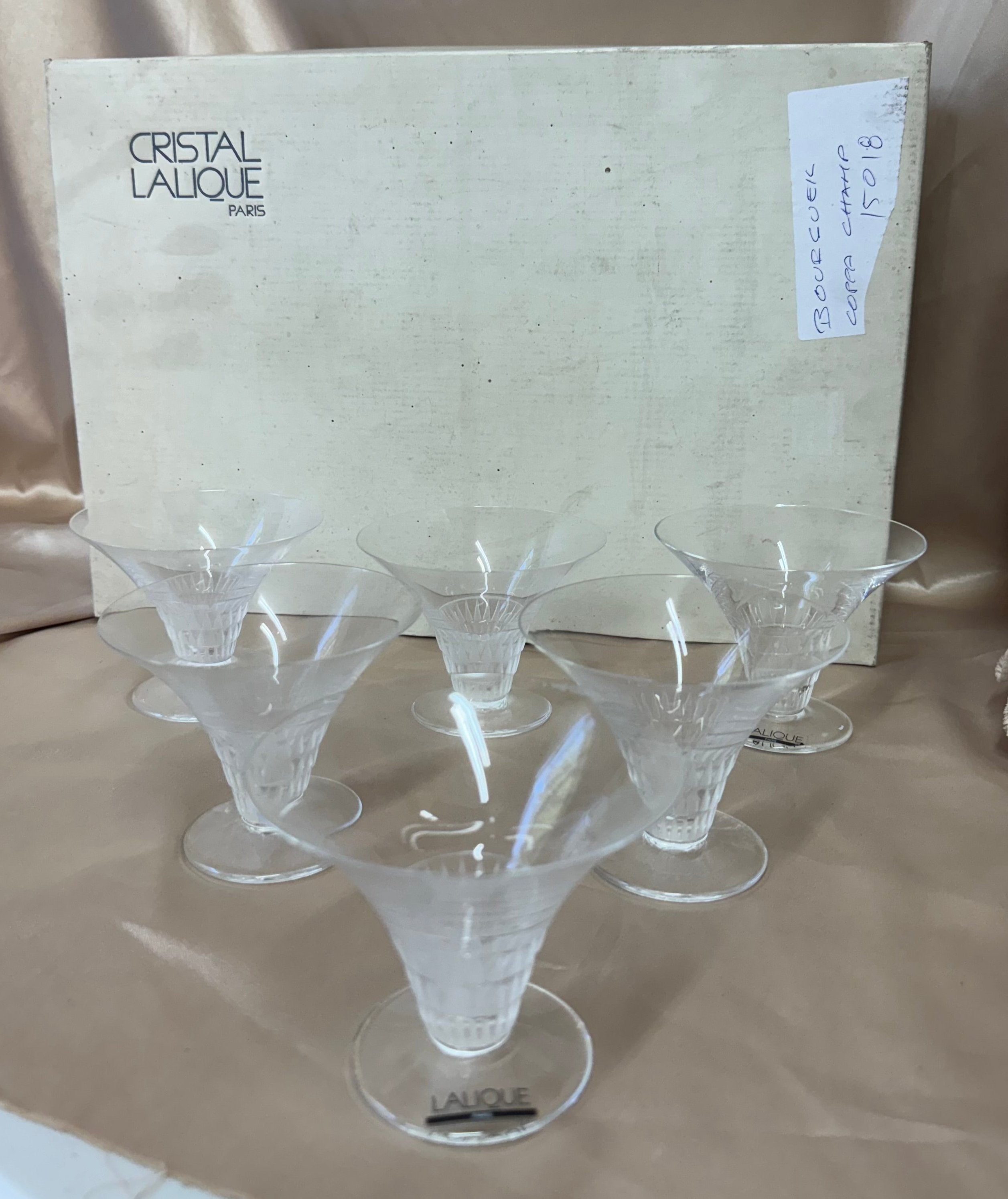 New Old Stock Lalique Crystal Bourgveil Champagne Tall Sherbet Flute Set of 6 #15018