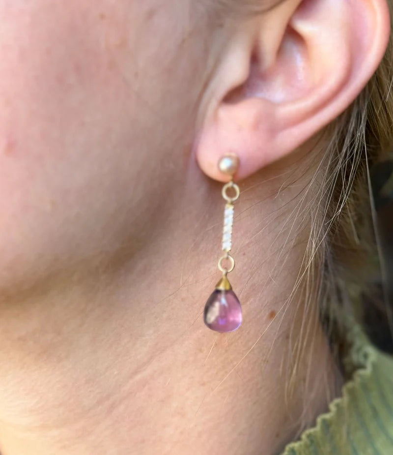 Mimi Milano Pearl Diamond Amethyst Gold Drop Earrings