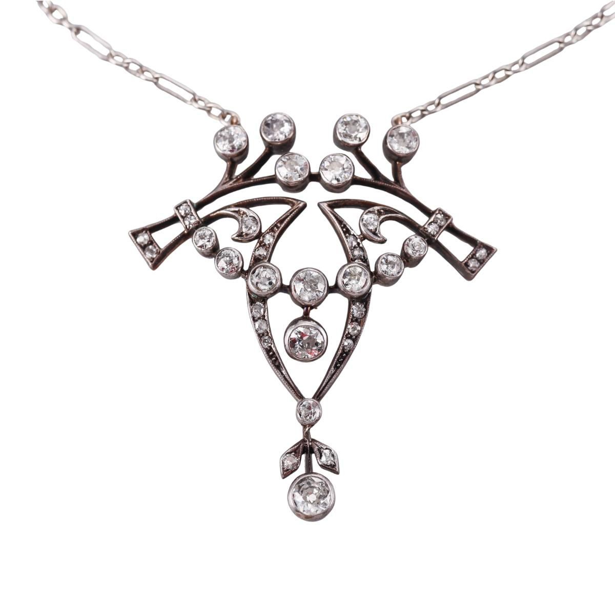 Antique Edwardian Gold Platinum 2.50ctw Diamond Lavalier Pendant Necklace