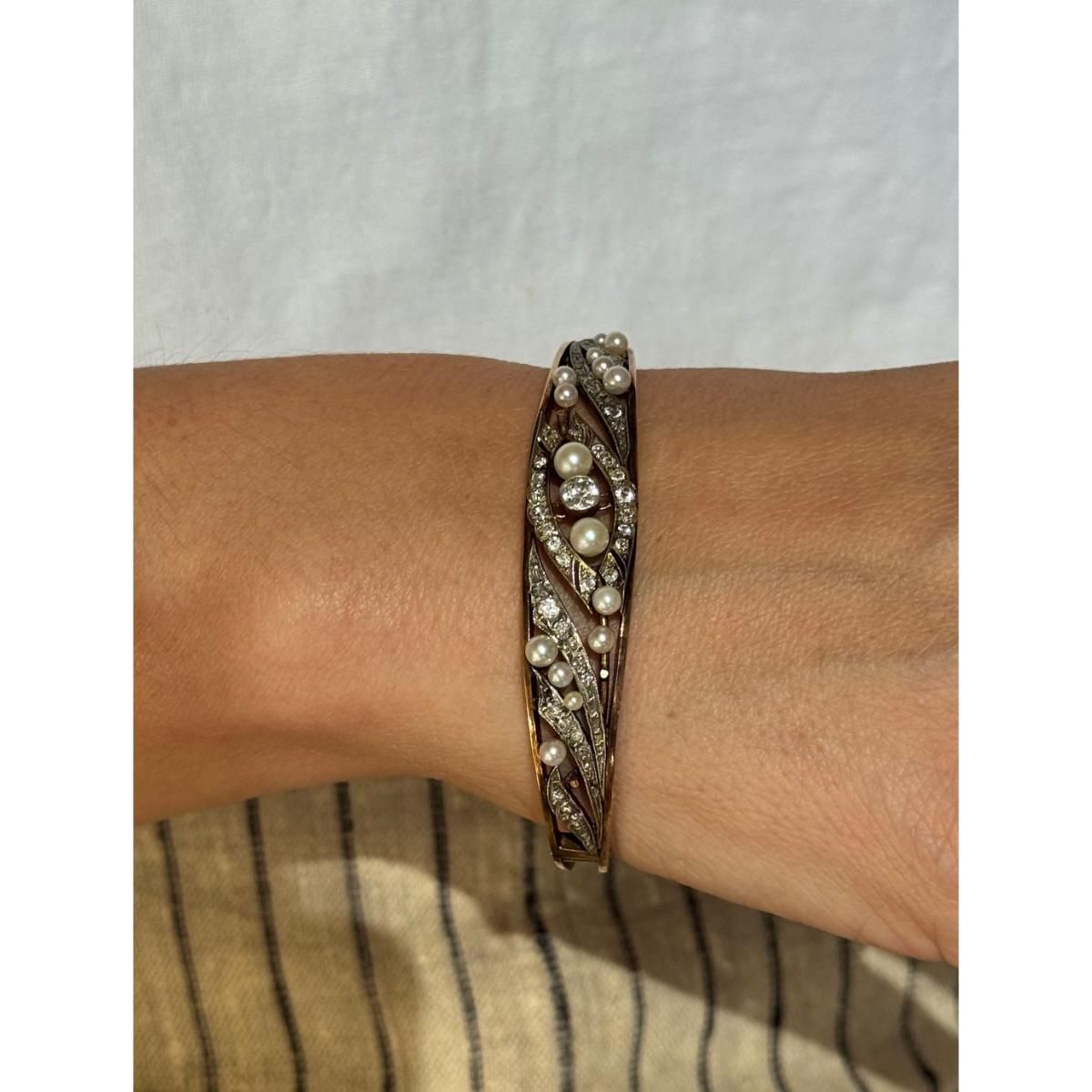 Antique Victorian 14k Gold Diamond Pearl Bangle Bracelet