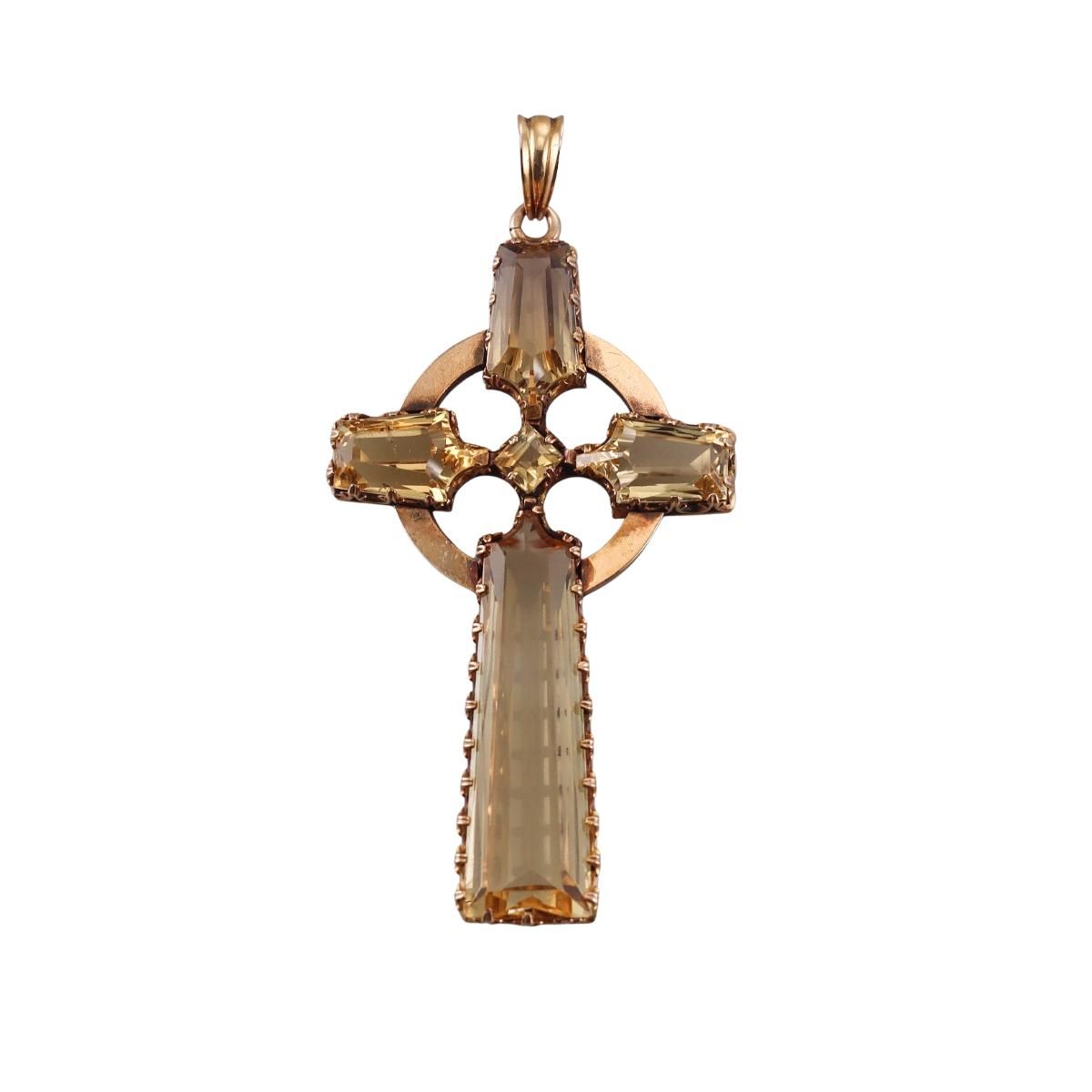 Antique Georgian 14k Gold Citrine Celtic Cross Pendant