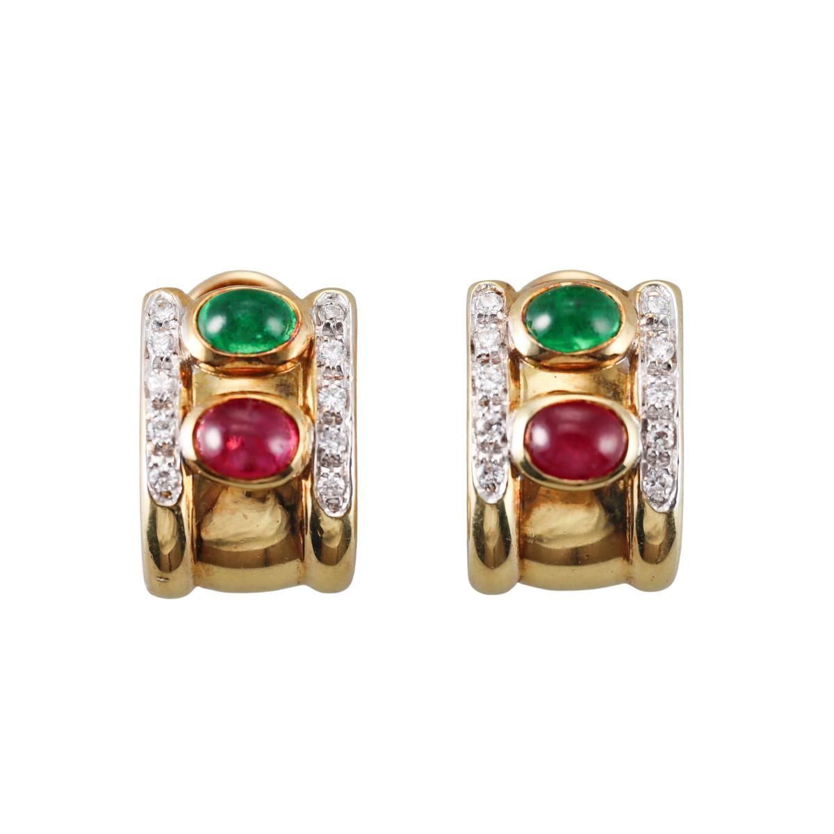 1980s 18k Gold Diamond Ruby Emerald Half Hoop Earrings