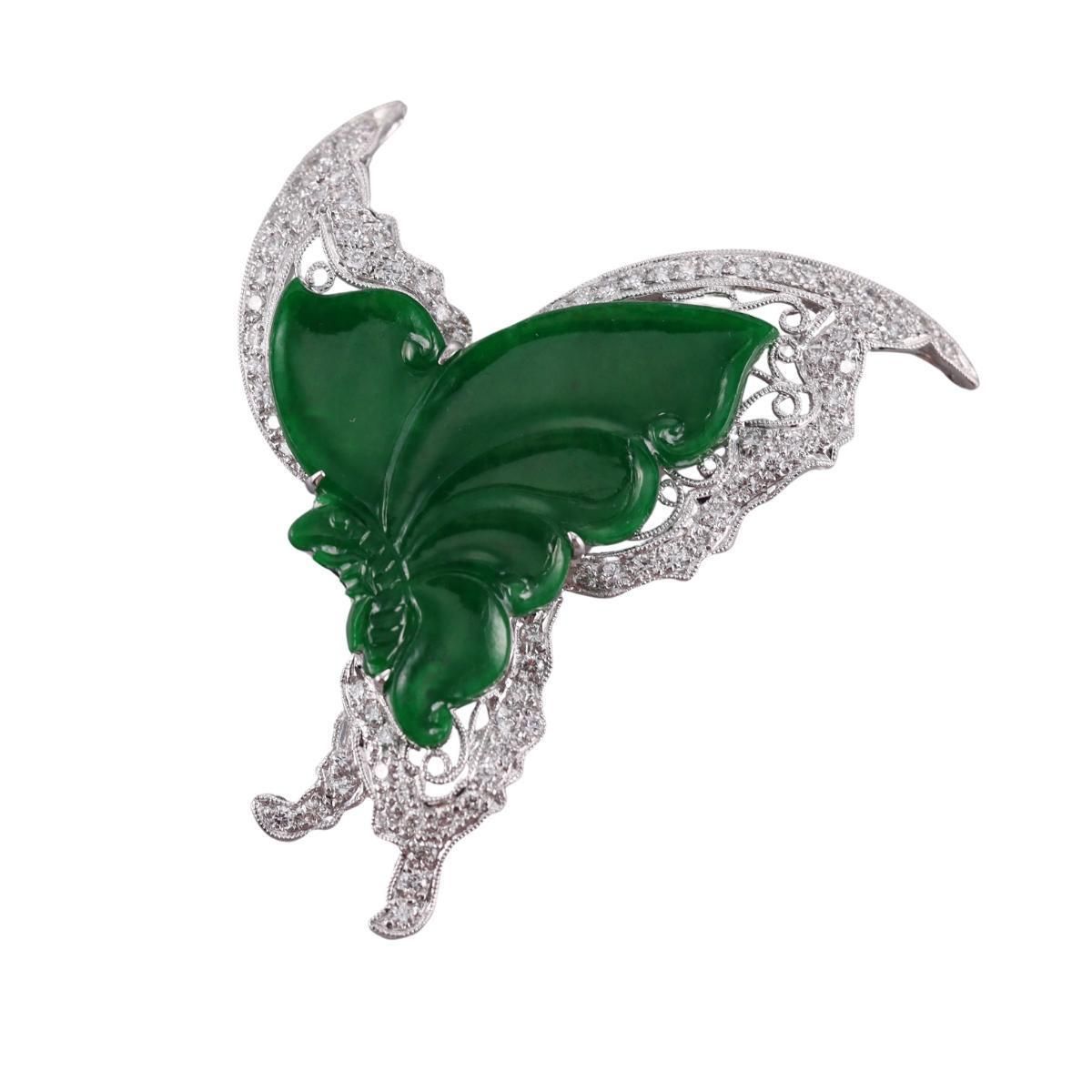 18k Gold Carved Jade Diamond Butterfly Brooch