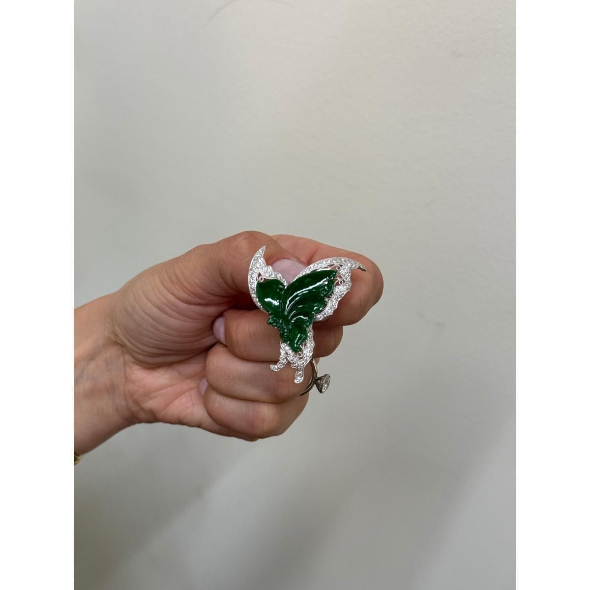 18k Gold Carved Jade Diamond Butterfly Brooch