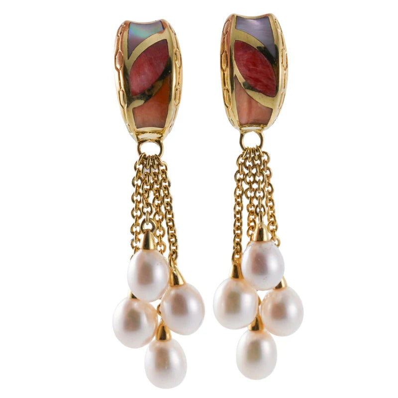 Asch Grossbardt Mop Coral Inlay Pearl Gold Drop Earrings