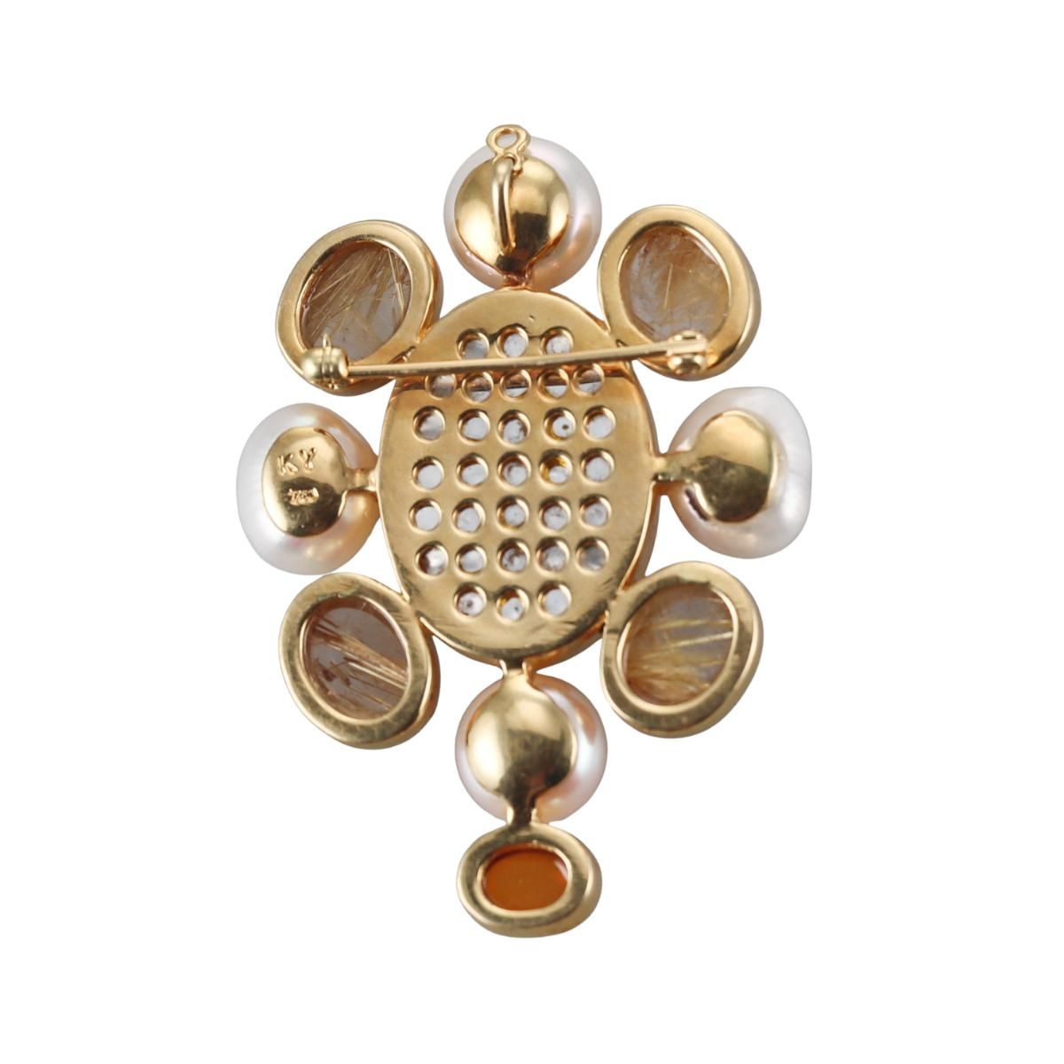 Designer Gold Carved Citrine Rutilated Quartz Pearl Brooch Pendant