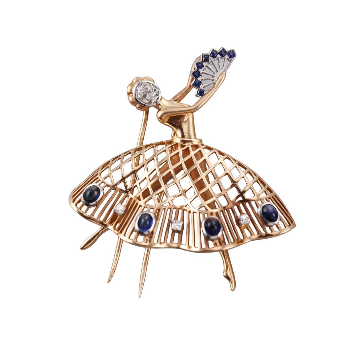 Retro 18k Gold Diamond Sapphire Ballerina Brooch Pin
