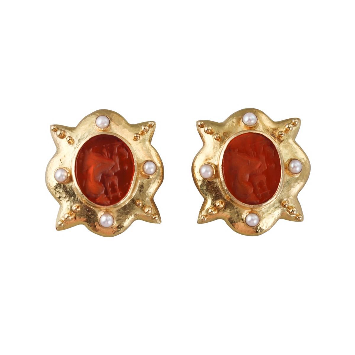 Elizabeth Locke 18k Gold Citrine Intaglio Pearl Earrings