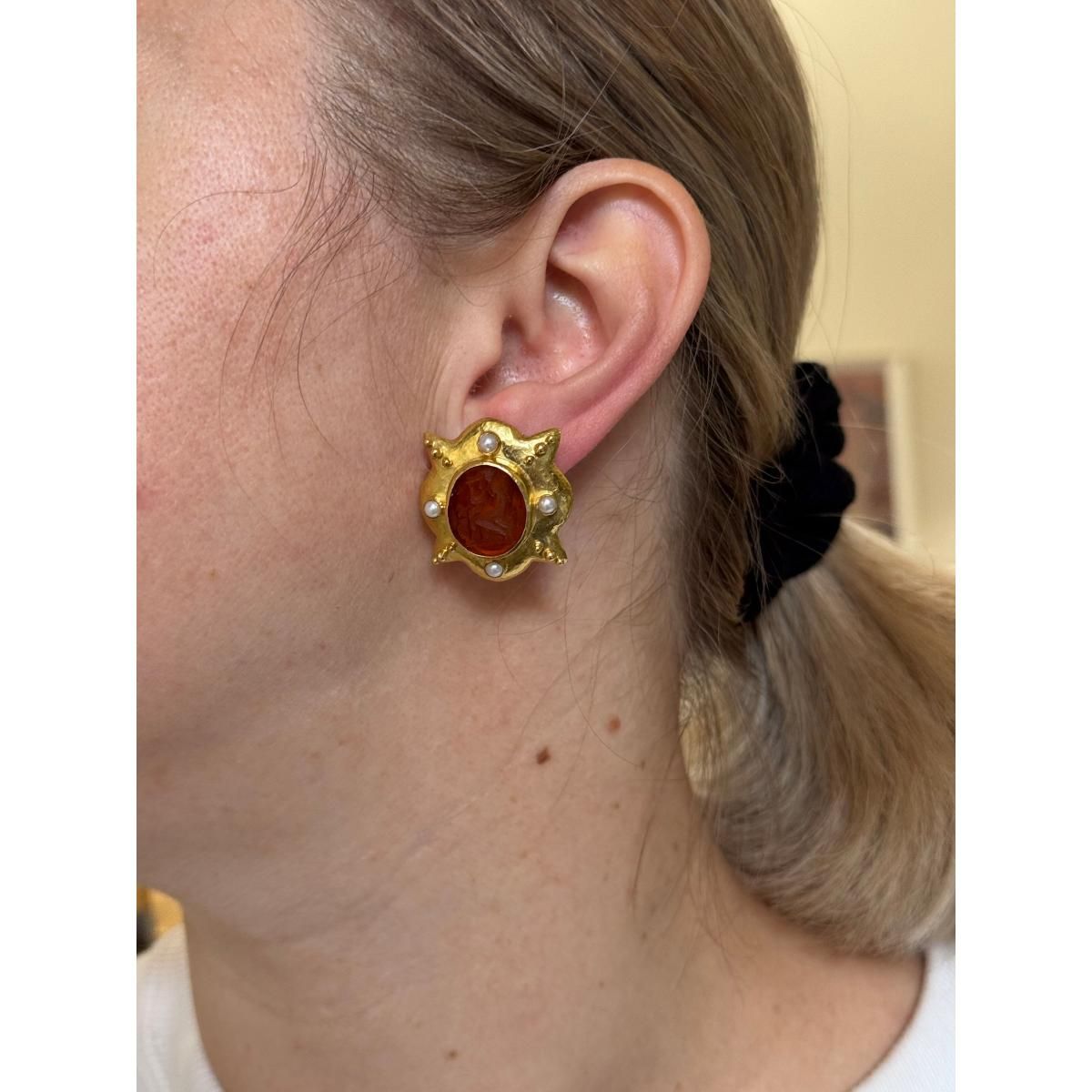 Elizabeth Locke 18k Gold Citrine Intaglio Pearl Earrings