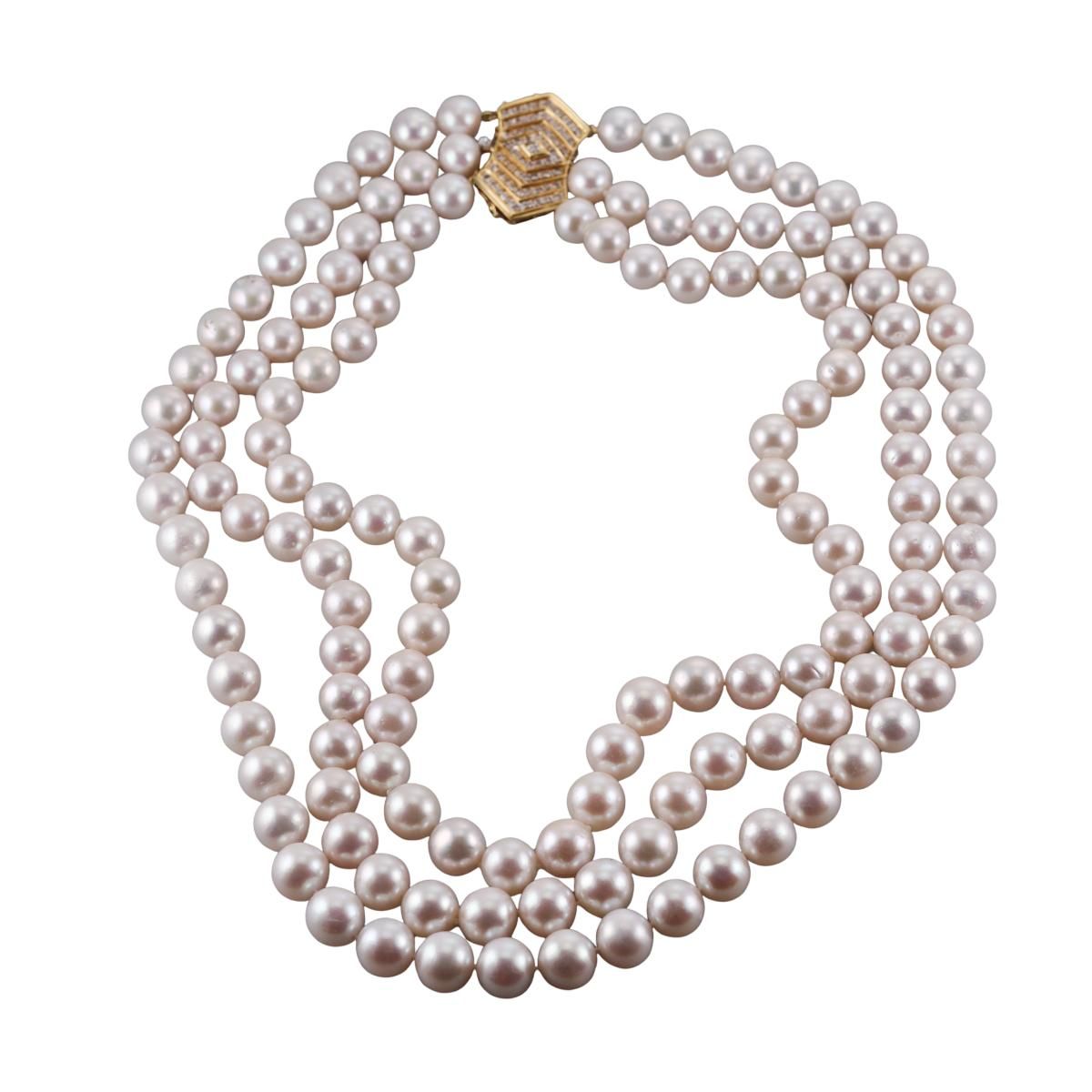 18k Gold Diamond Pearl Three Strand Necklace