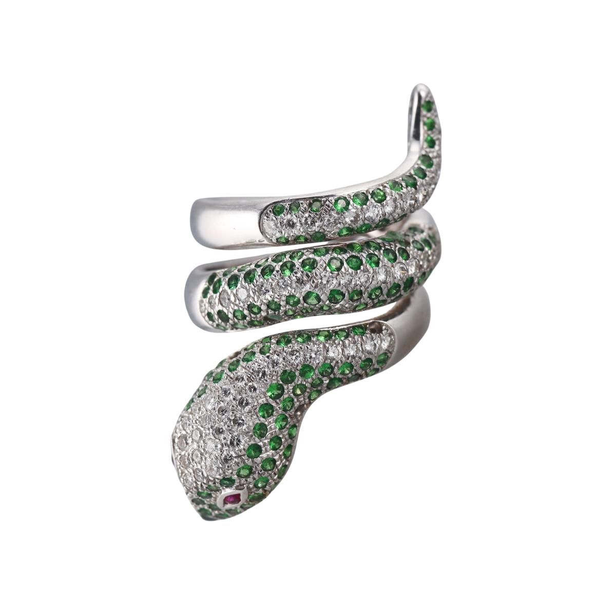 18k Gold Tsavorite Diamond Ruby Snake Wrap Ring