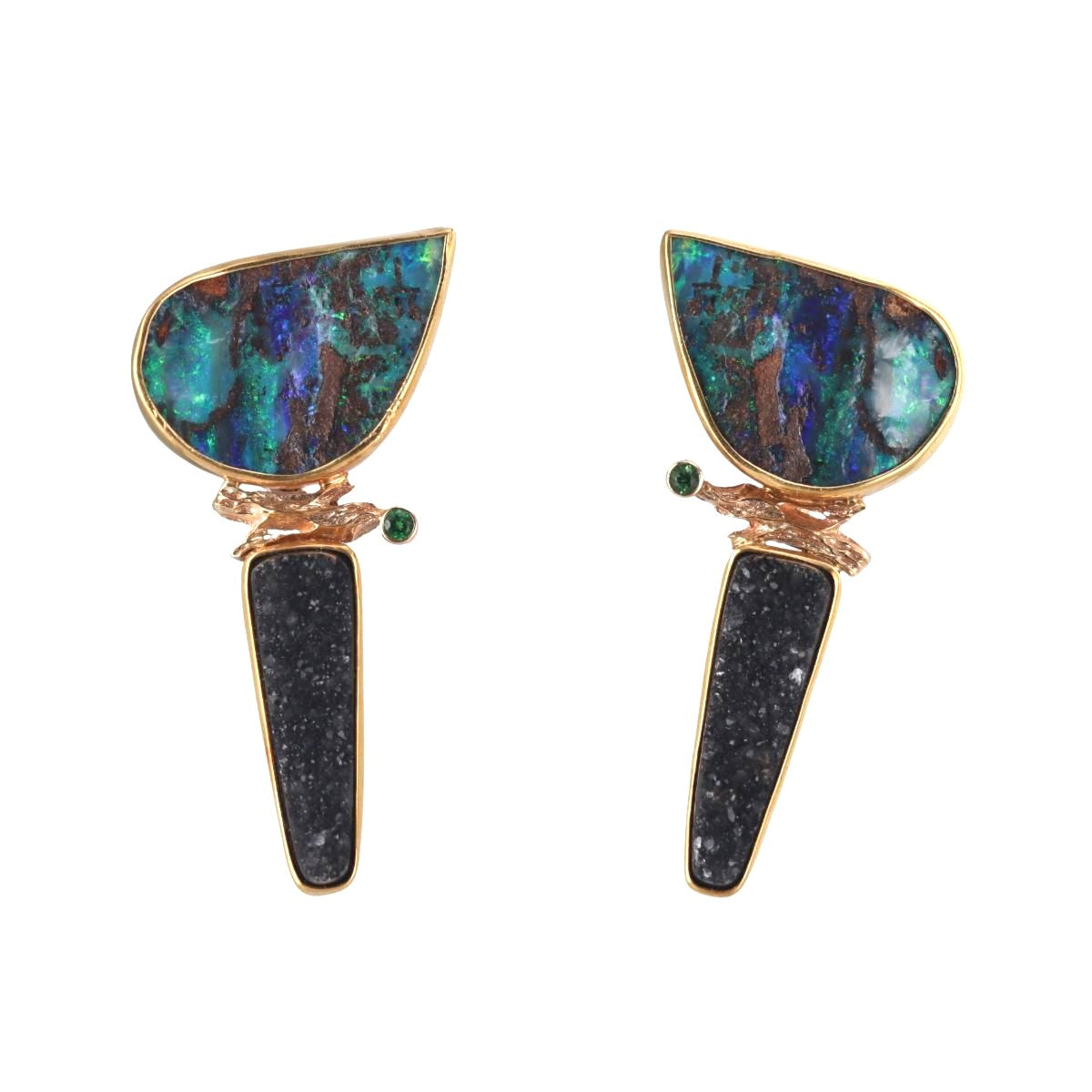Artisanal 18k Gold Druzy Gemstone Opal Tsavorite Earrings