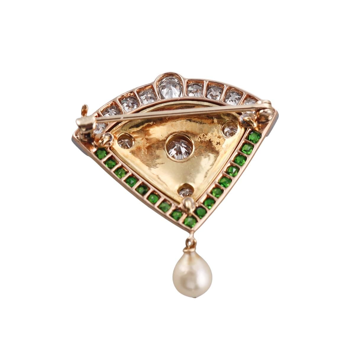 Art Deco 14k Gold Platinum Enamel Diamond Demantoid Garnet Pearl Brooch