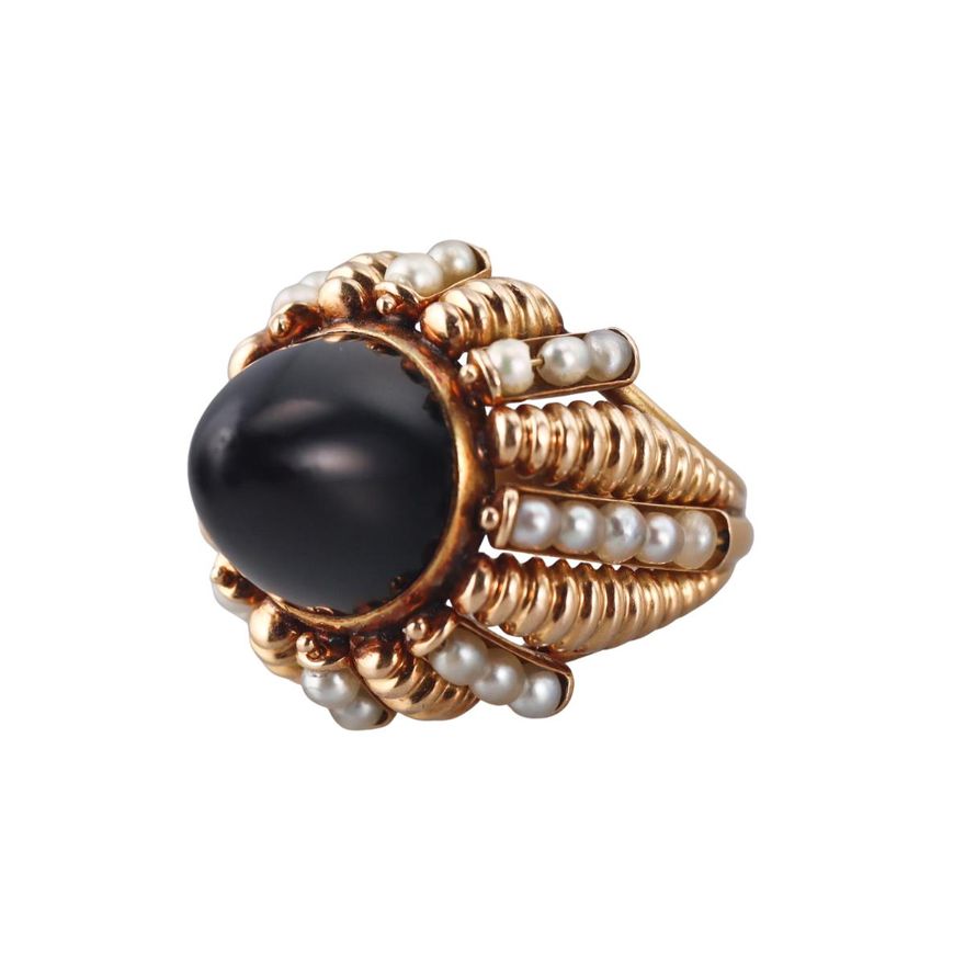 Retro Mid Century 18k Gold Onyx Pearl Dome Cocktail Ring