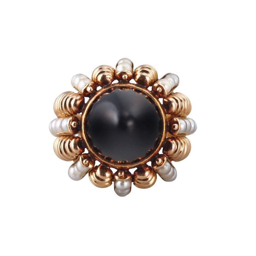 Retro Mid Century 18k Gold Onyx Pearl Dome Cocktail Ring