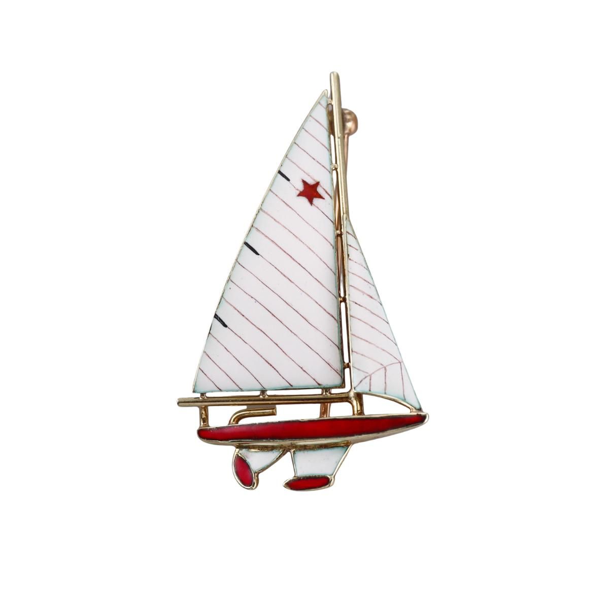 Antique 14k Gold Enamel Sailboat Brooch Pin