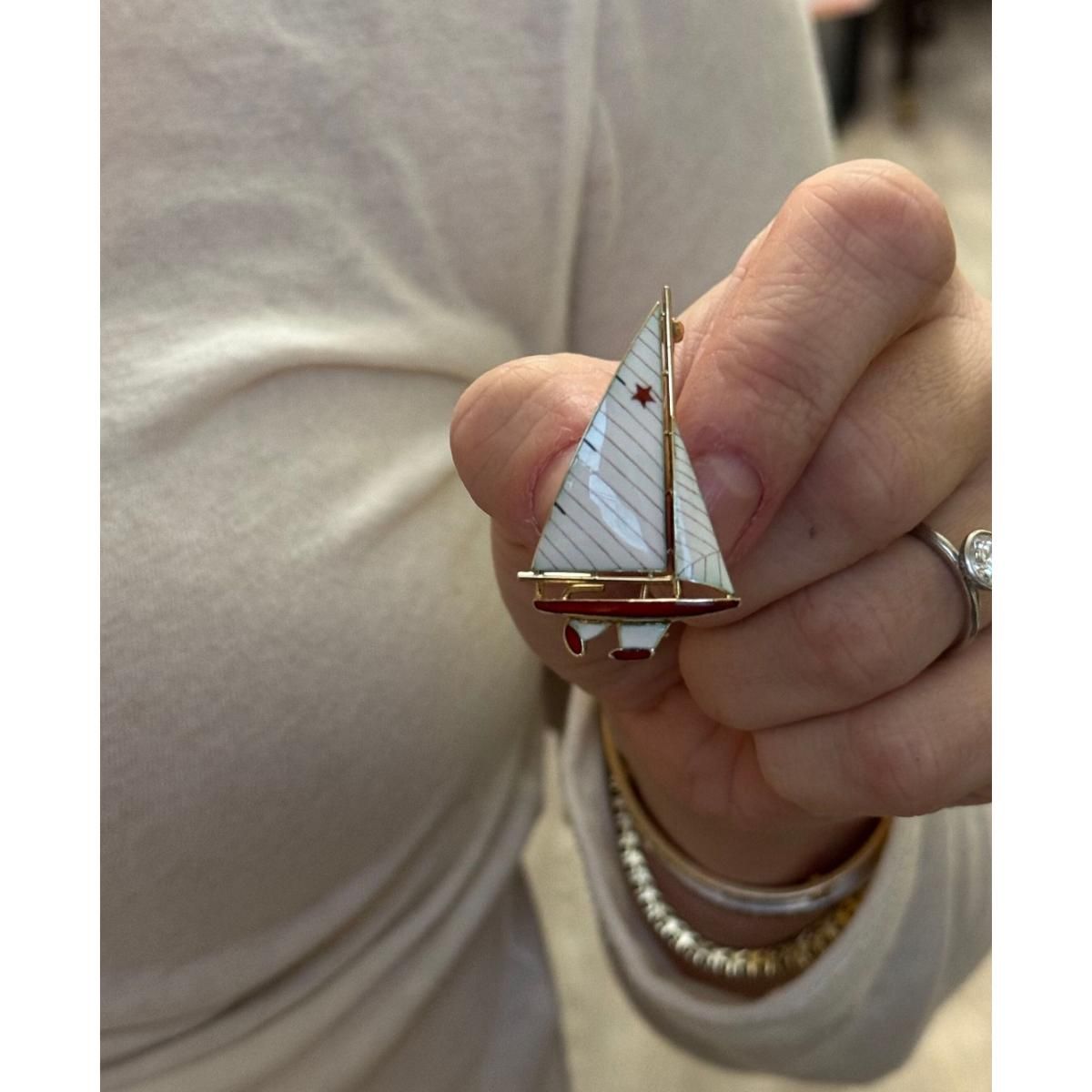 Antique 14k Gold Enamel Sailboat Brooch Pin