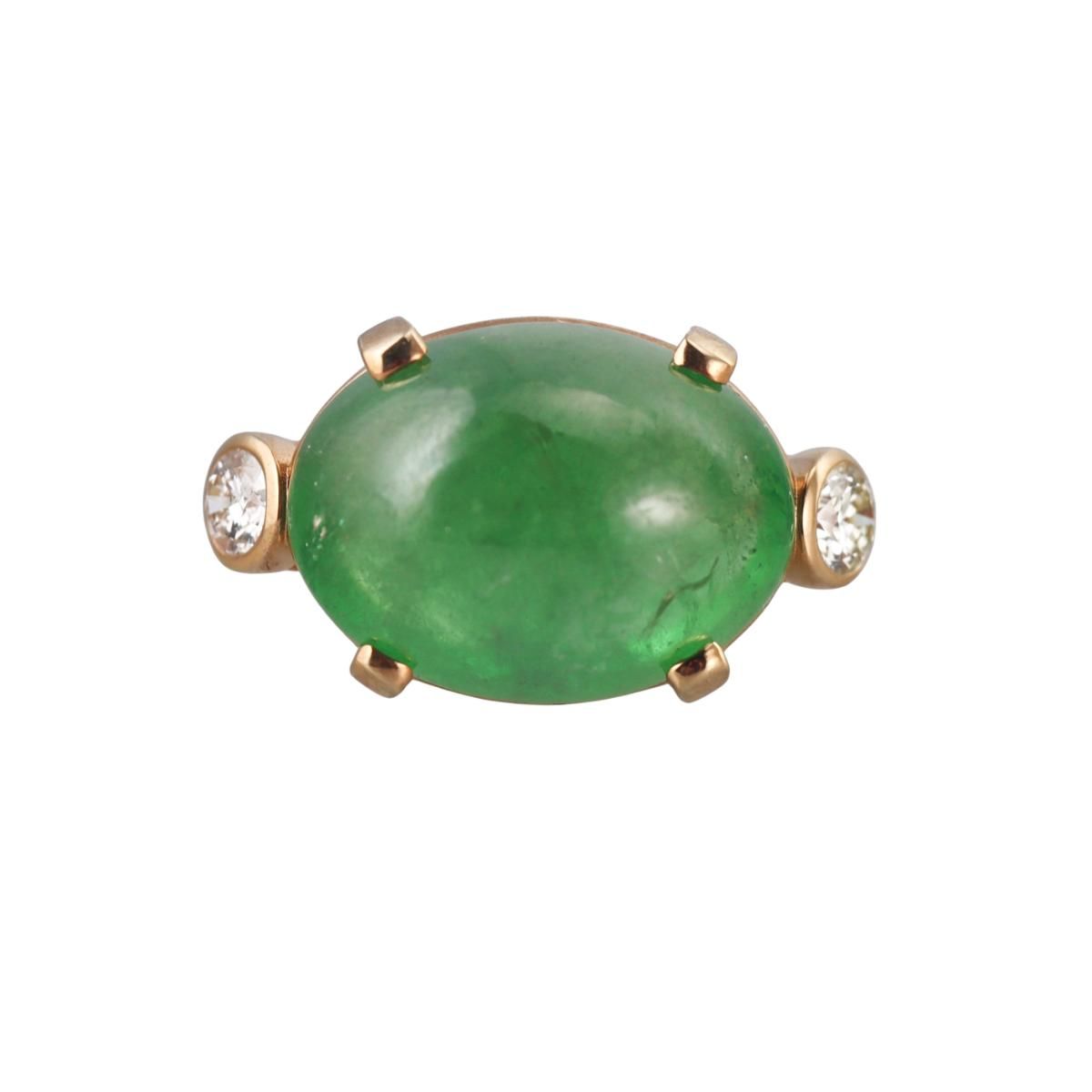 28ct Green Tourmaline Cabochon Diamond 18k Gold Ring