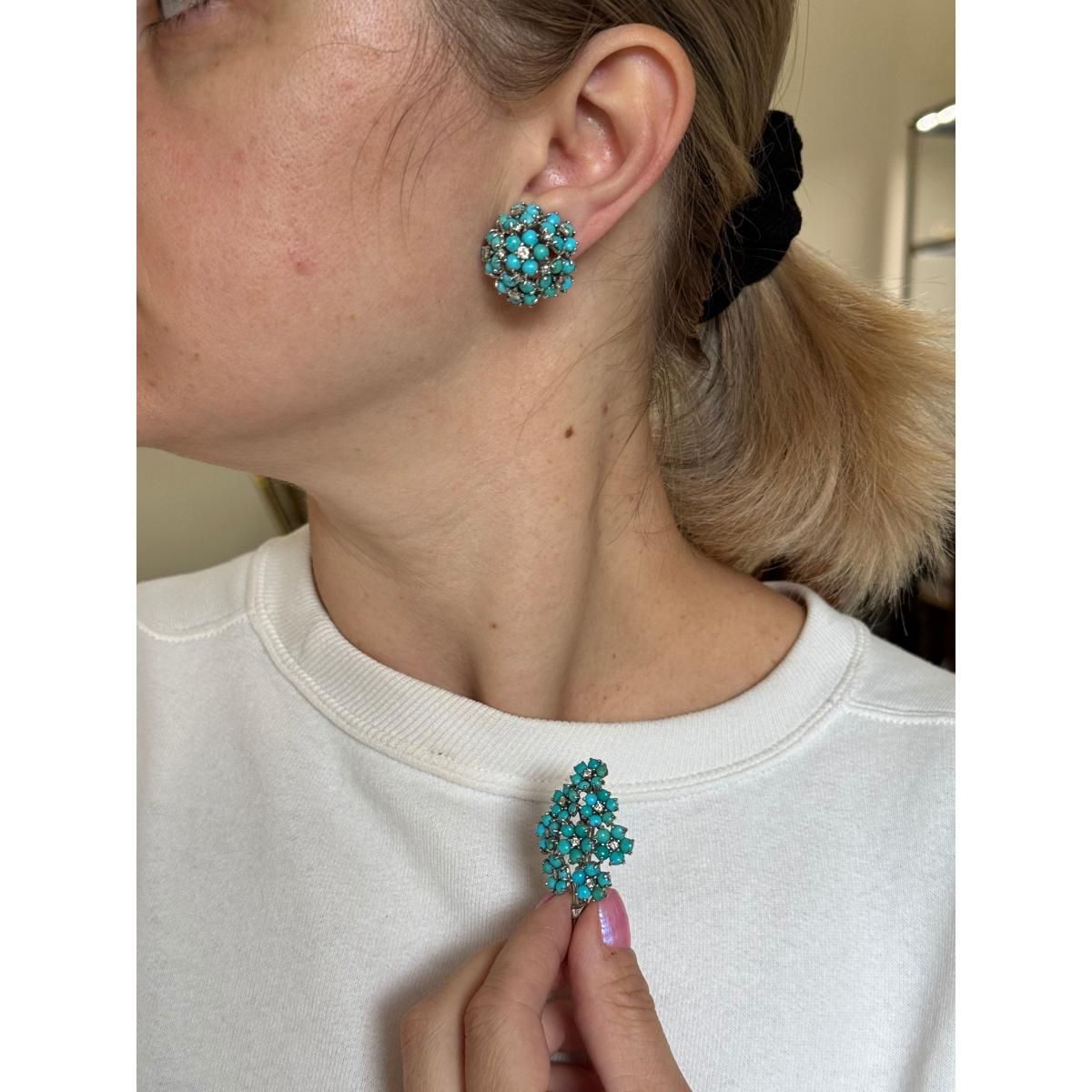 1960s 14k Gold Turquoise Diamond Earrings Brooch Set