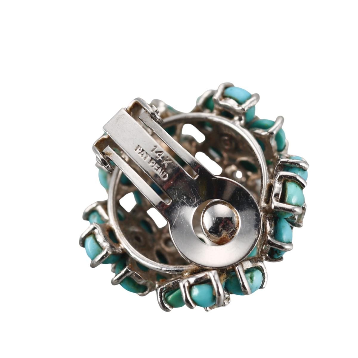 1960s 14k Gold Turquoise Diamond Earrings Brooch Set