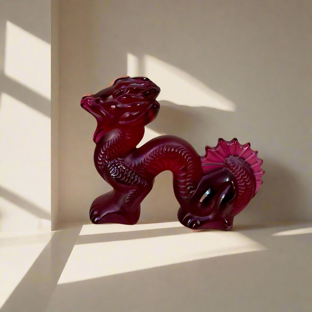 New Old Stock Lalique Crystal Red & Ambre Dragon Figure 1214000