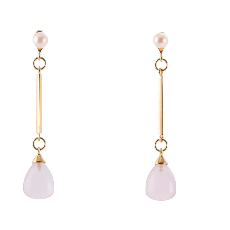 Mimi Milano Pearl Rose Quartz Gold Drop Earrings