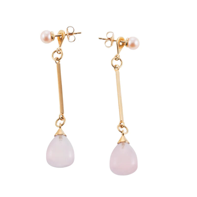 Mimi Milano Pearl Rose Quartz Gold Drop Earrings