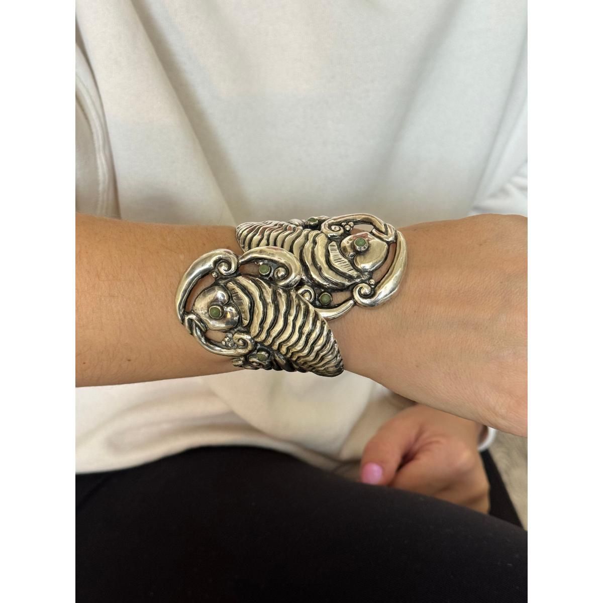 Mexican Vintage Sterling Silver Gemstone Wide Cuff Bracelet