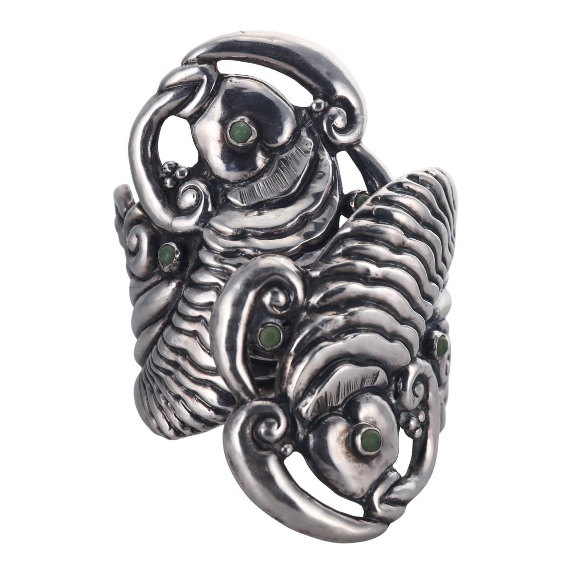 Mexican Vintage Sterling Silver Gemstone Wide Cuff Bracelet