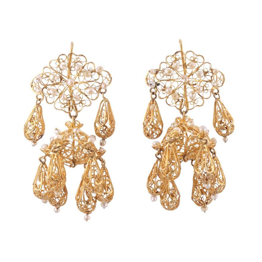 Antique Filigree 18k Gold Pearl Chandelier Earrings