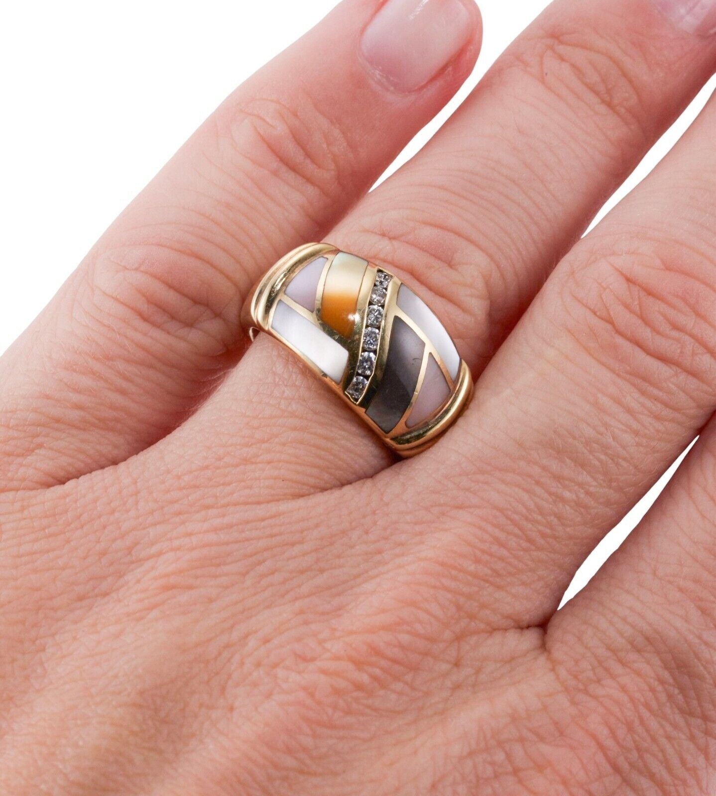 Asch Grossbardt Inlay Mother of Pearl Diamond Gold Ring