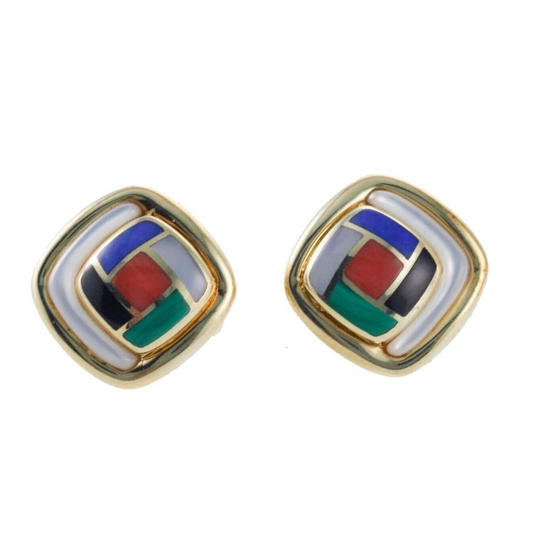 Asch Grossbardt MOP Onyx Lapis Coral Malachite Inlay Gold Earrings