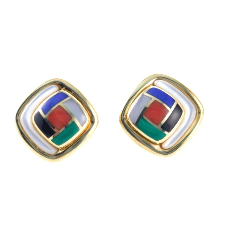Asch Grossbardt MOP Onyx Lapis Coral Malachite Inlay Gold Earrings