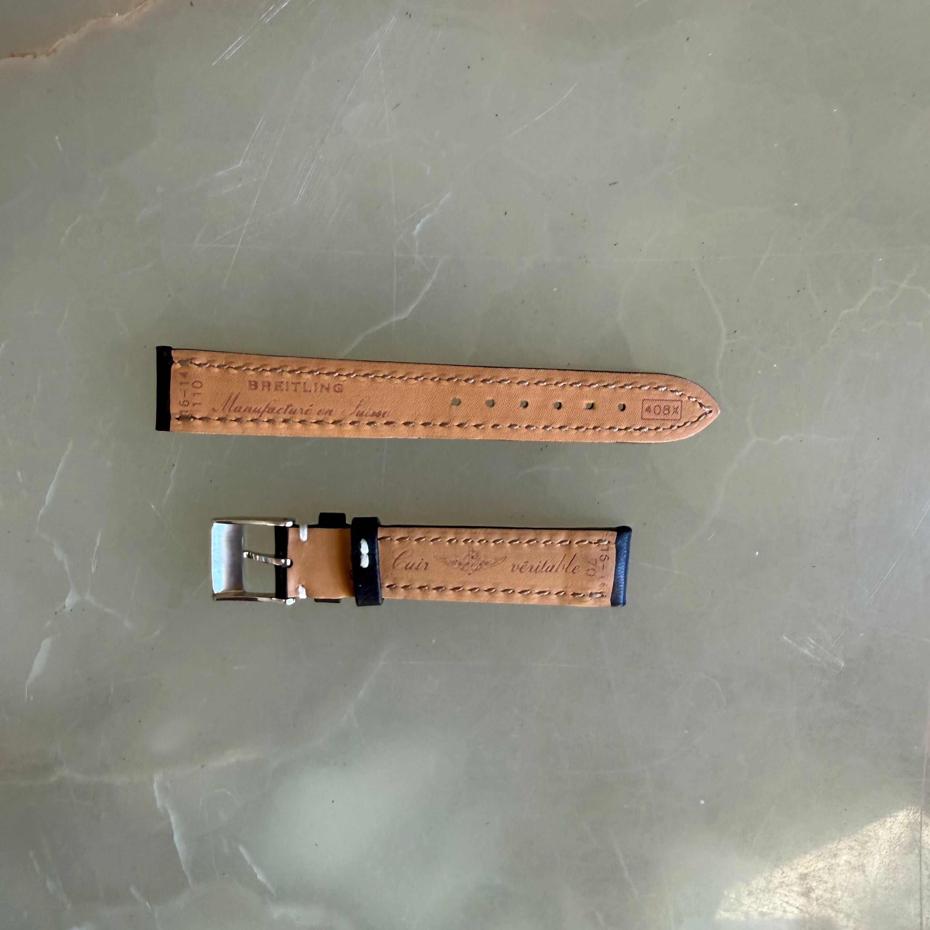 Authentic 408x Breitling Black Leather Watch Strap Band 16mm w Buckle