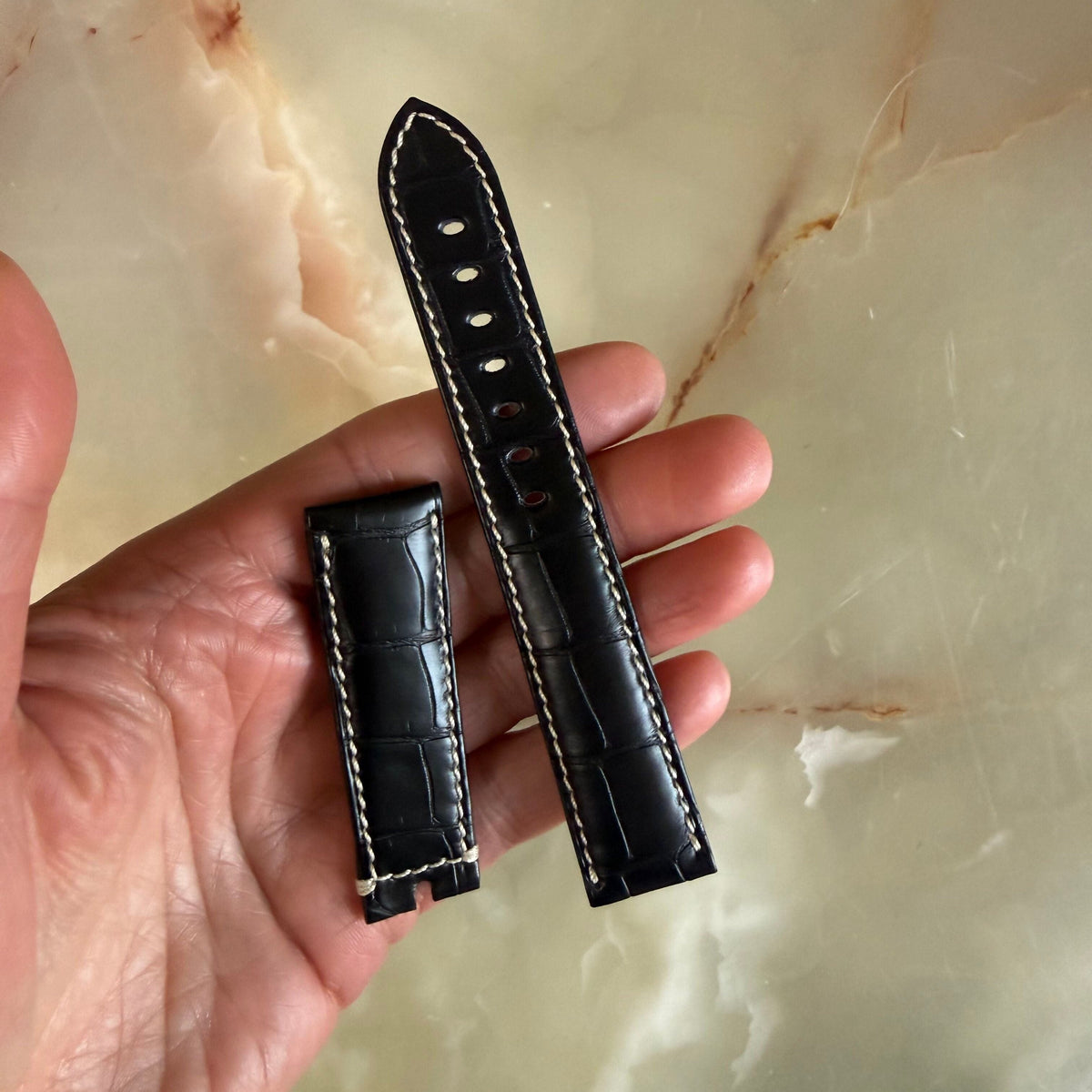 Authentic Breguet Black Alligator Cream Stitching Padded Watch Band Strap 20mm
