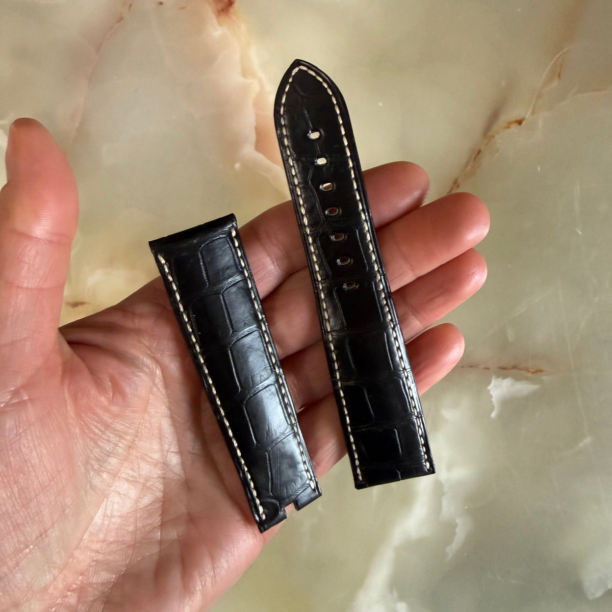 Authentic Breguet Black Alligator Cream Stitching Padded Watch Band Strap 23mm
