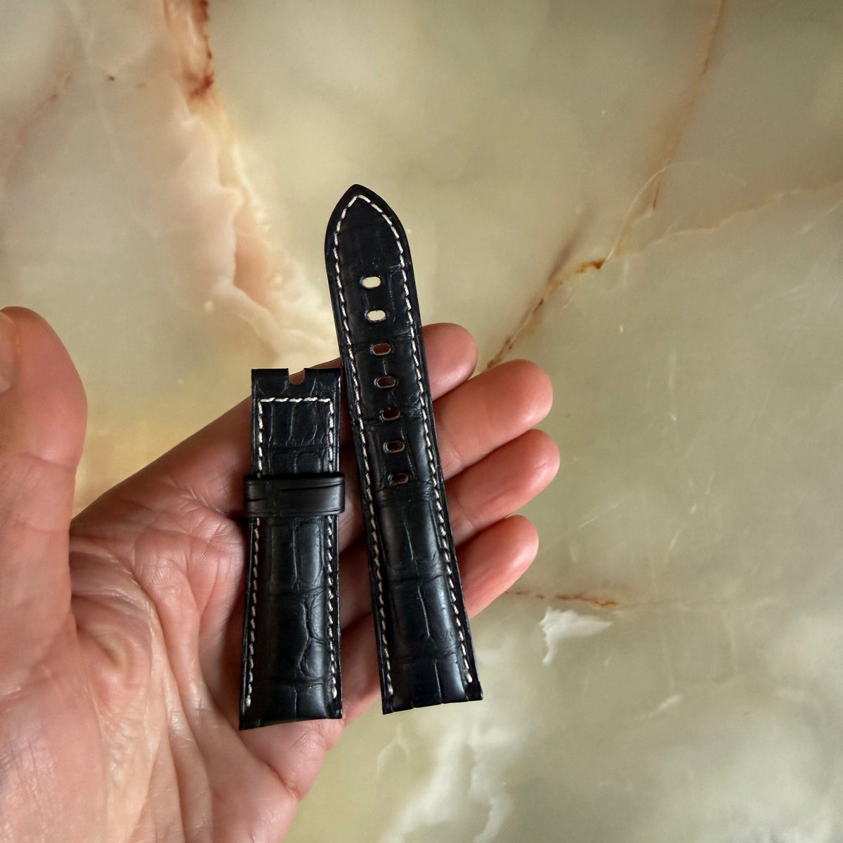 Authentic Breguet Black Crocodile White Stitching Padded Watch Band Strap 22mm