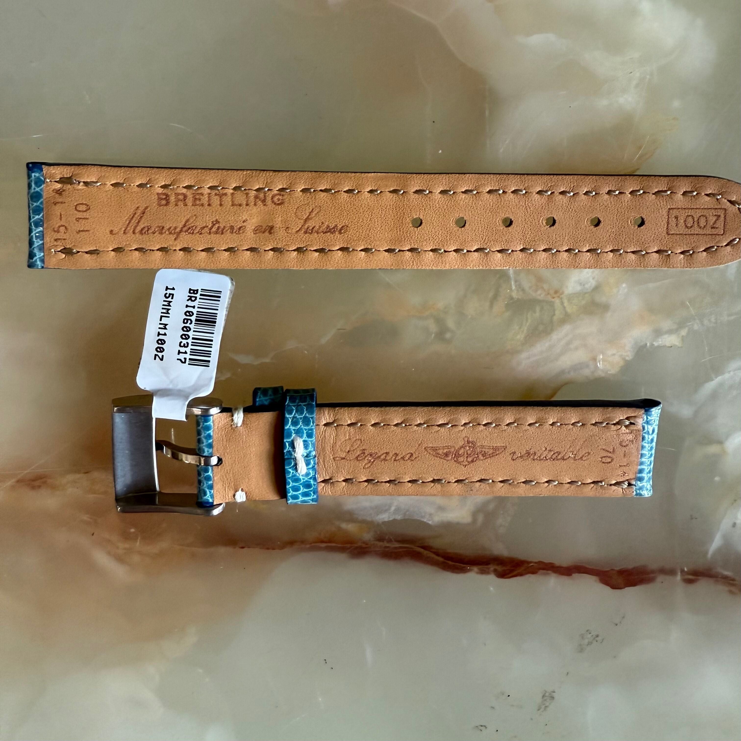 Authentic Breitling Blue Lizard Watch Strap Band 100Z 15mm with Buckle