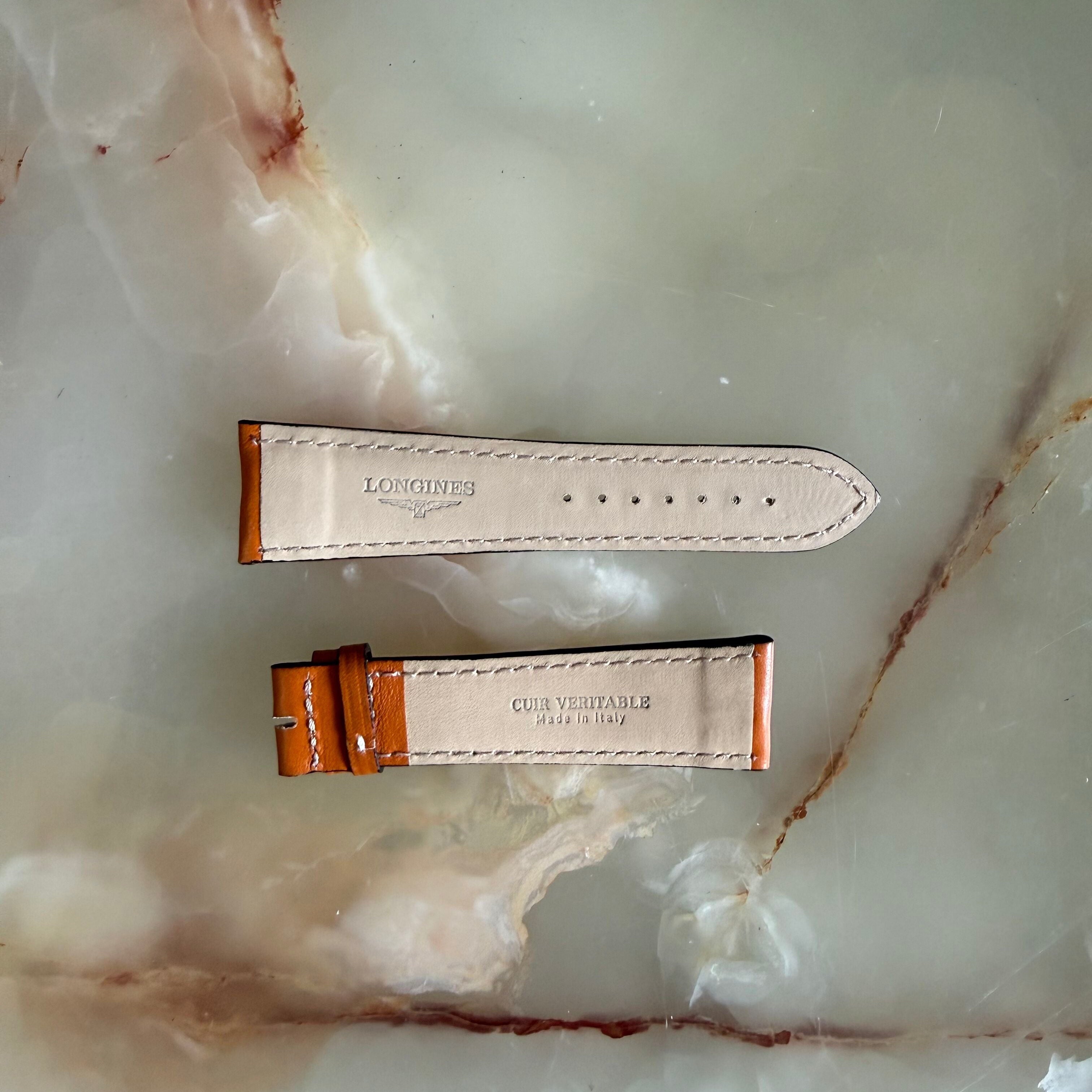 Authentic Longines Brown Leather White Stitching Watch Band Strap 25mm
