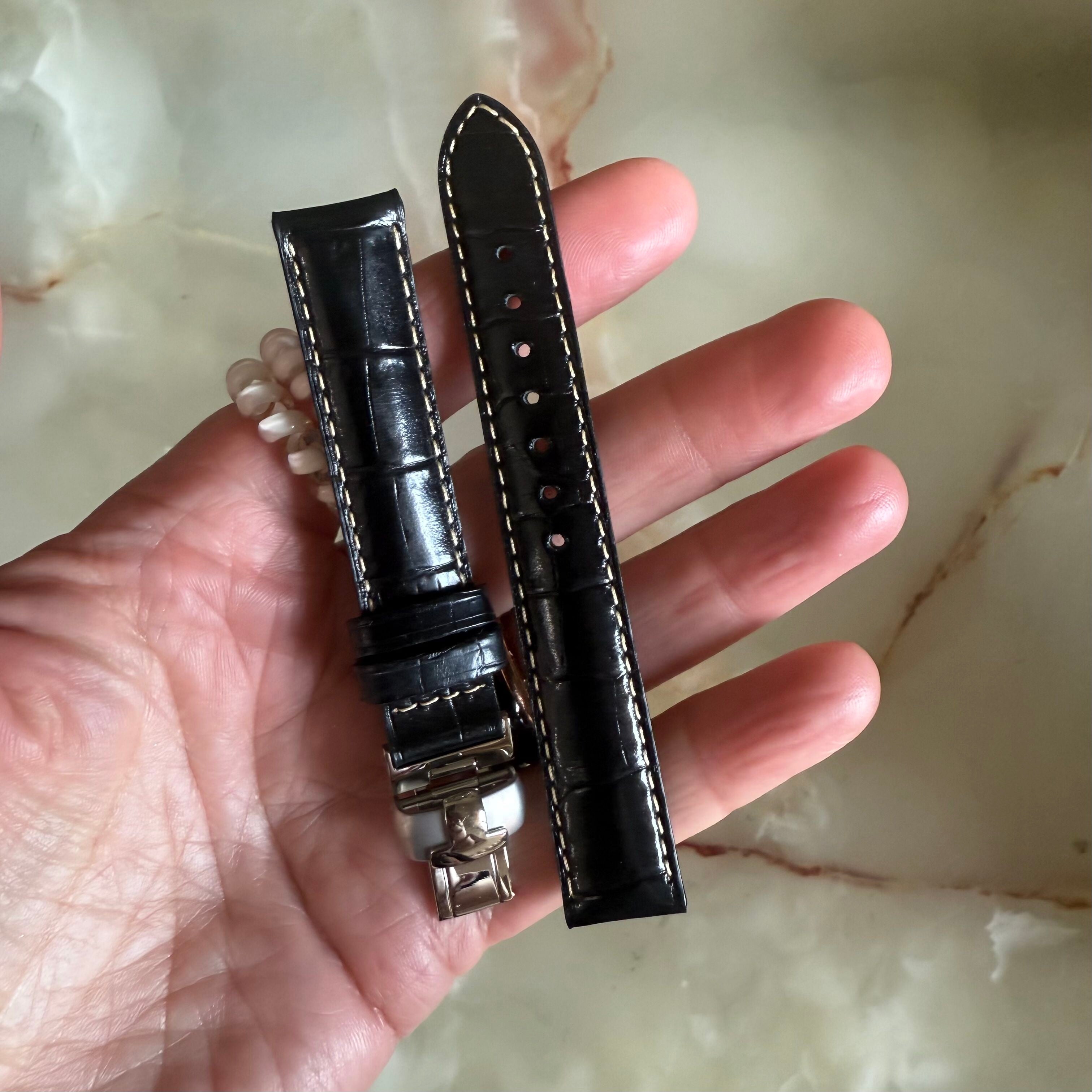 Authentic Tissot Black Genuine Leather Watch Strap Band 15mm w Deployant Buckle